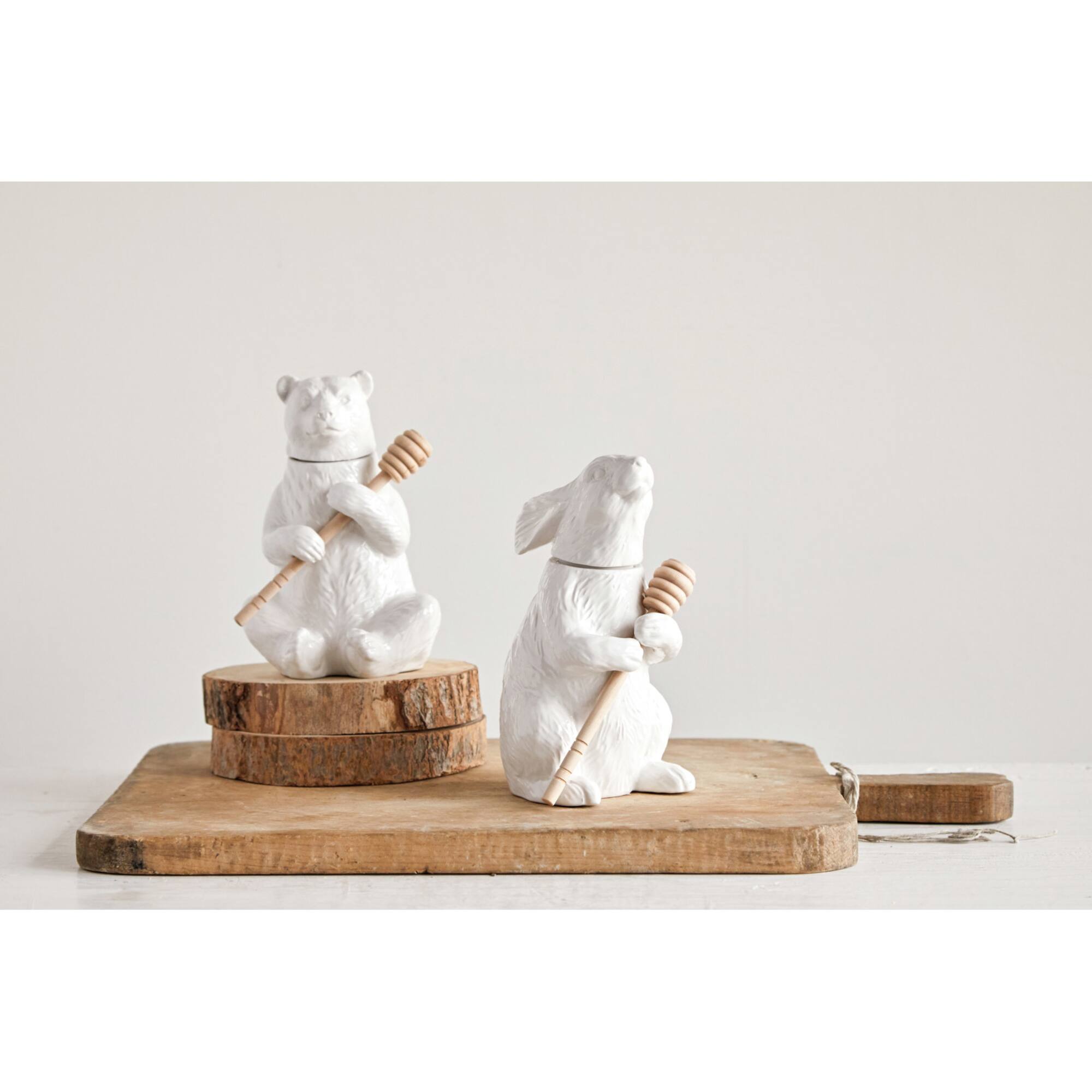 Hello Honey® 7" White Bear Shaped Honey Pot & Bamboo Dipper